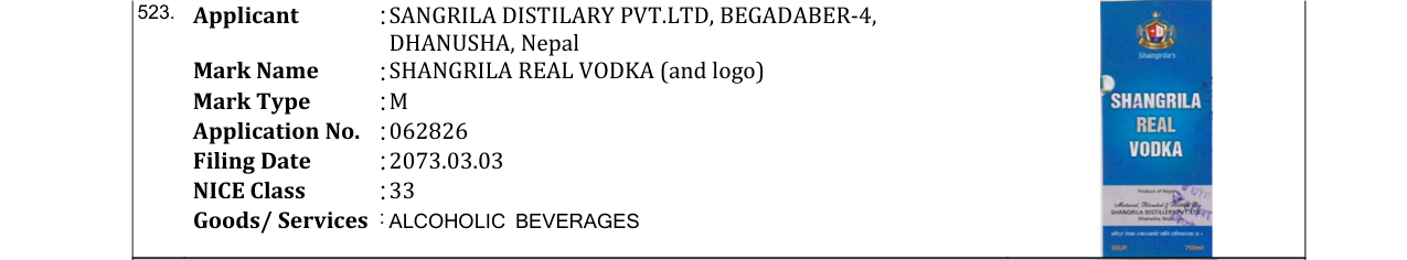 Original bulletin entry for SHANGRILA REAL VODKA (and logo)