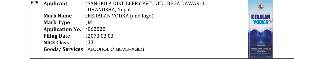 Original bulletin entry for KERALAN VODKA (and logo)