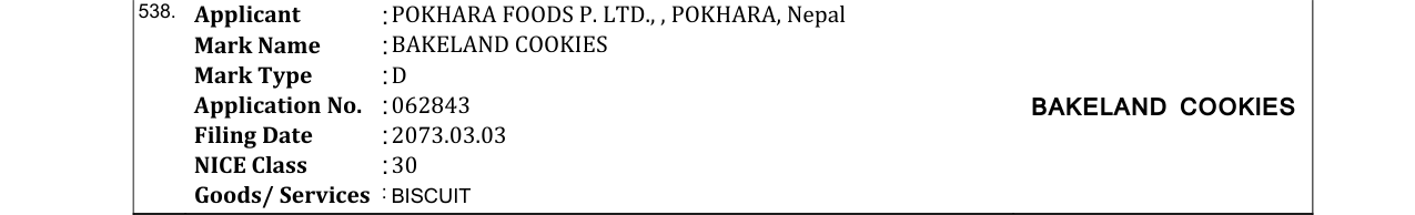 Original bulletin entry for BAKELAND COOKIES