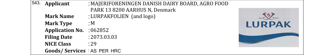 Original bulletin entry for LURPAKFOLIEN (and logo)