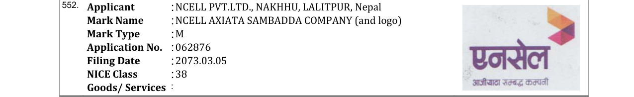 Original bulletin entry for NCELL AXIATA SAMBADDA COMPANY (and logo)