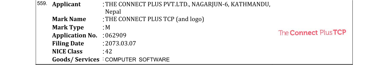 Original bulletin entry for THE CONNECT PLUS TCP (and logo)