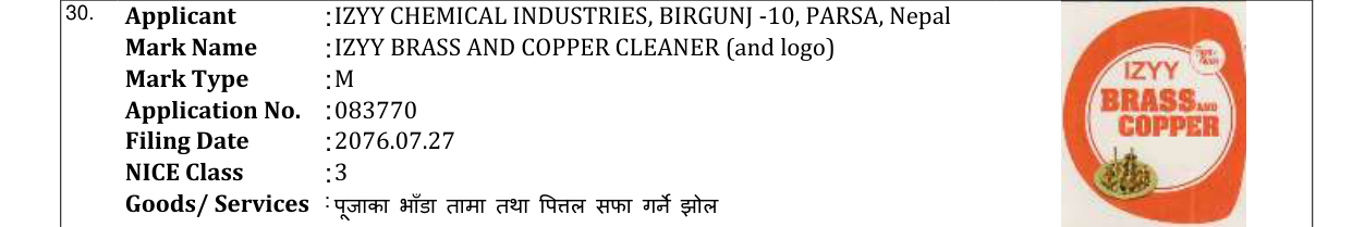 Original bulletin entry for IZYY BRASS AND COPPER CLEANER (and logo)