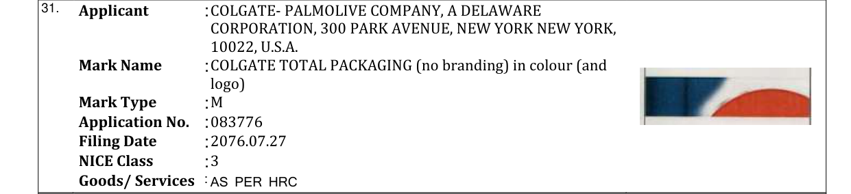Original bulletin entry for COLGATE TOTAL PACKAGING (no branding) in colour (and logo)