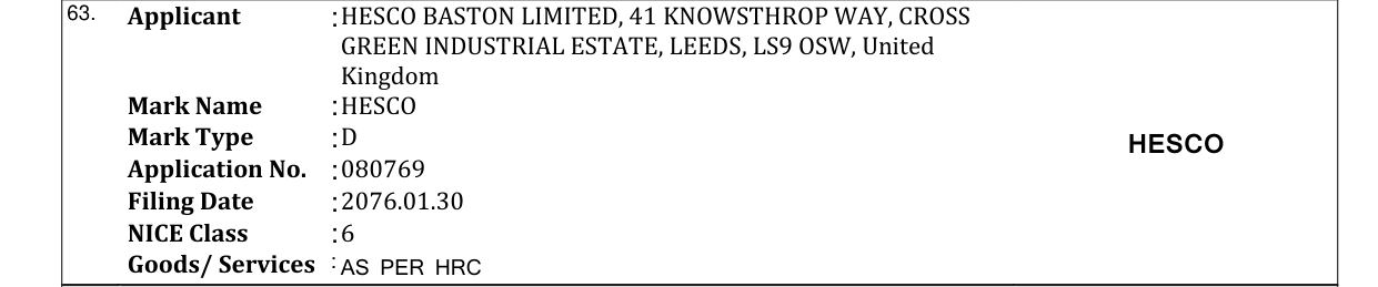 Original bulletin entry for HESCO