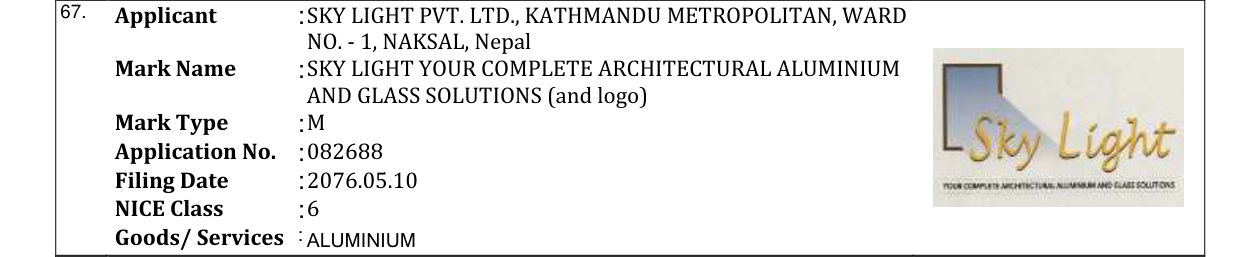 Original bulletin entry for SKY LIGHT YOUR COMPLETE ARCHITECTURAL ALUMINIUM AND GLASS SOLUTIONS (and logo)