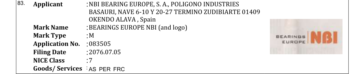 Original bulletin entry for BEARINGS EUROPE NBI (and logo)