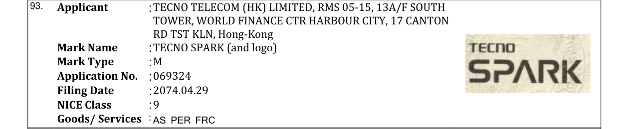 Original bulletin entry for TECNO SPARK (and logo)