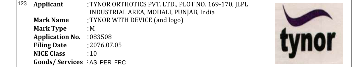 Original bulletin entry for TYNOR WITH DEVICE (and logo)
