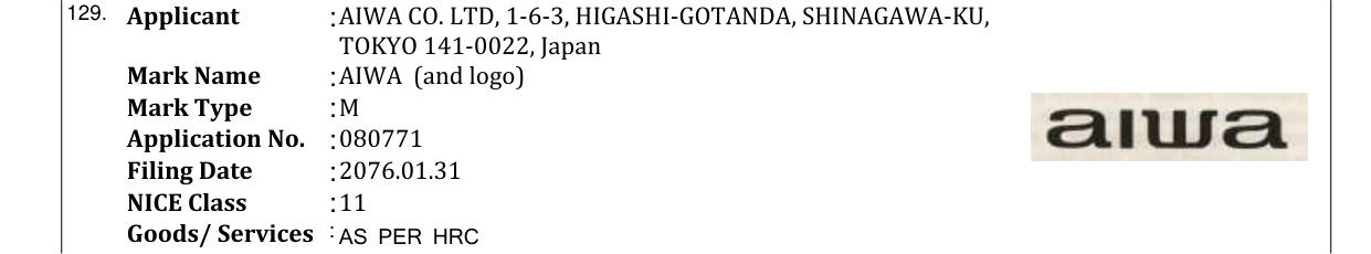 Original bulletin entry for AIWA (and logo)