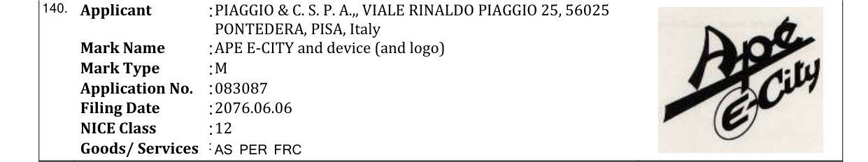 Original bulletin entry for APE E-CITY and device (and logo)