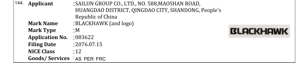 Original bulletin entry for BLACKHAWK (and logo)