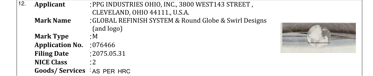 Original bulletin entry for GLOBAL REFINISH SYSTEM & Round Globe & Swirl Designs (and logo)