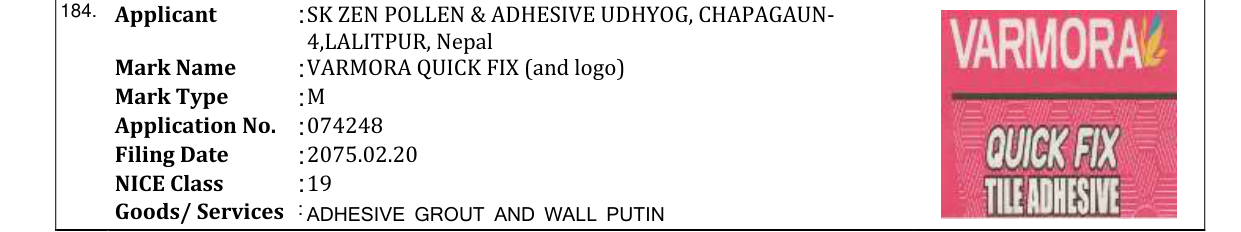 Original bulletin entry for VARMORA QUICK FIX (and logo)
