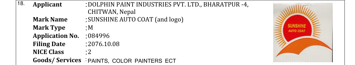 Original bulletin entry for SUNSHINE AUTO COAT (and logo)