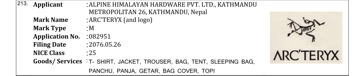 Original bulletin entry for ARC'TERYX (and logo)