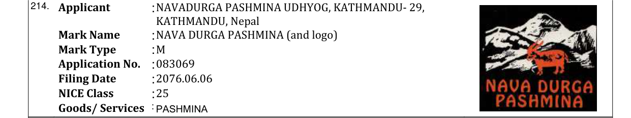 Original bulletin entry for NAVA DURGA PASHMINA (and logo)
