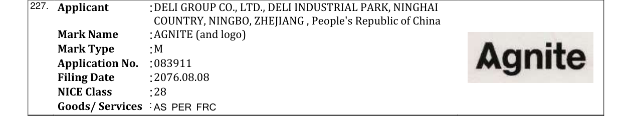 Original bulletin entry for AGNITE (and logo)