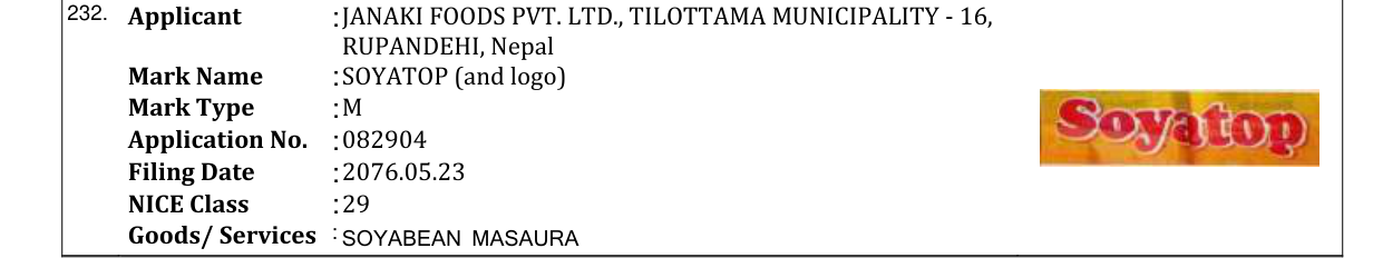 Original bulletin entry for SOYATOP (and logo)