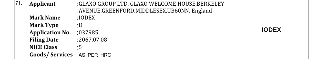 Original bulletin entry for IODEX