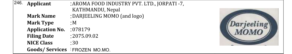 Original bulletin entry for DARJEELING MOMO (and logo)
