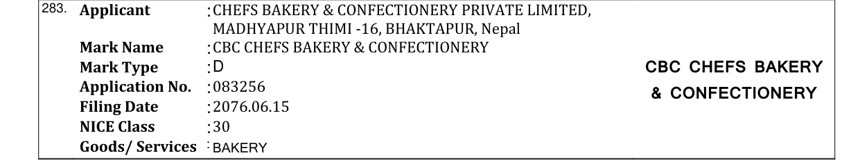 Original bulletin entry for CBC CHEFS BAKERY & CONFECTIONERY