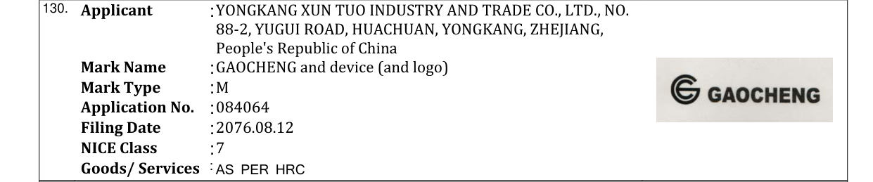 Original bulletin entry for GAOCHENG and device (and logo)