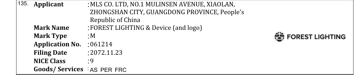 Original bulletin entry for FOREST LIGHTING & Device (and logo)