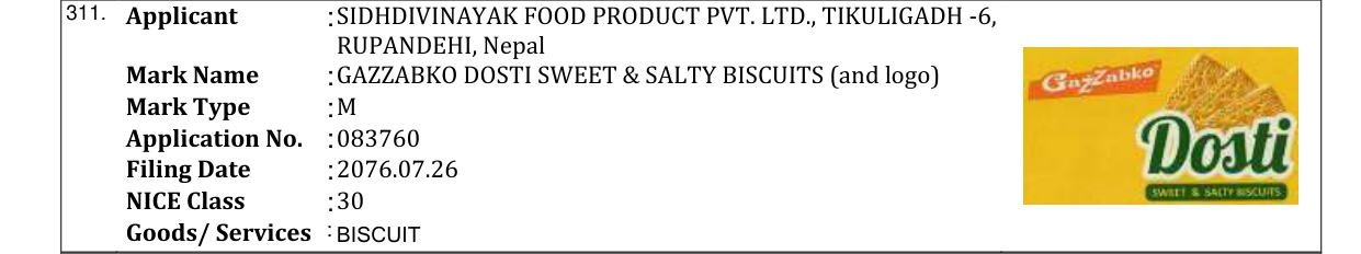 Original bulletin entry for GAZZABKO DOSTI SWEET & SALTY BISCUITS (and logo)