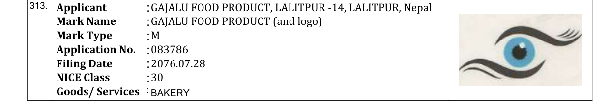 Original bulletin entry for GAJALU FOOD PRODUCT (and logo)