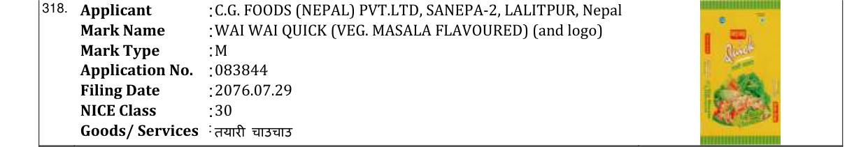 Original bulletin entry for WAI WAI QUICK (VEG. MASALA FLAVOURED) (and logo)