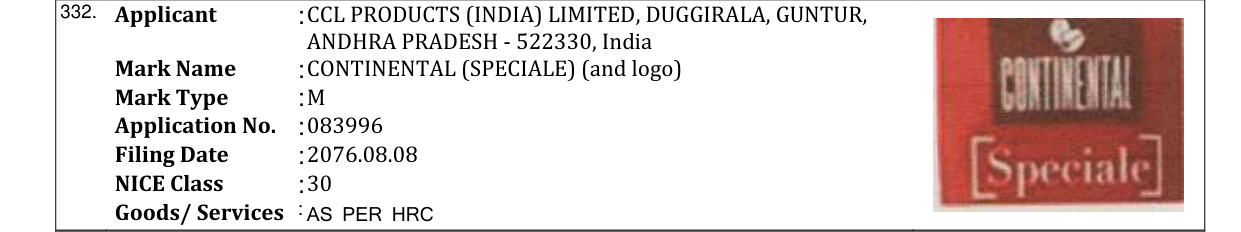 Original bulletin entry for CONTINENTAL (SPECIALE) (and logo)