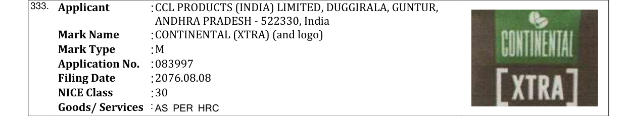 Original bulletin entry for CONTINENTAL (XTRA) (and logo)