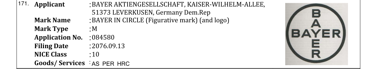 Original bulletin entry for BAYER IN CIRCLE (Figurative mark) (and logo)