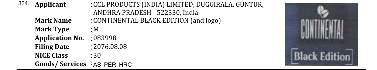 Original bulletin entry for CONTINENTAL BLACK EDITION (and logo)