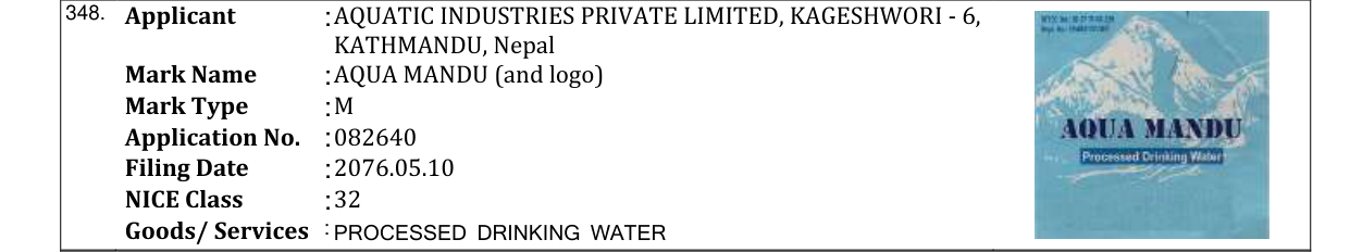 Original bulletin entry for AQUA MANDU (and logo)
