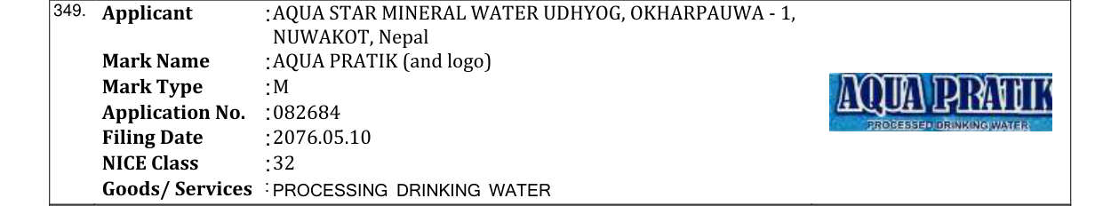 Original bulletin entry for AQUA PRATIK (and logo)