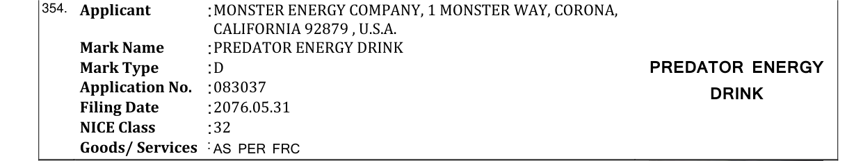 Original bulletin entry for PREDATOR ENERGY DRINK