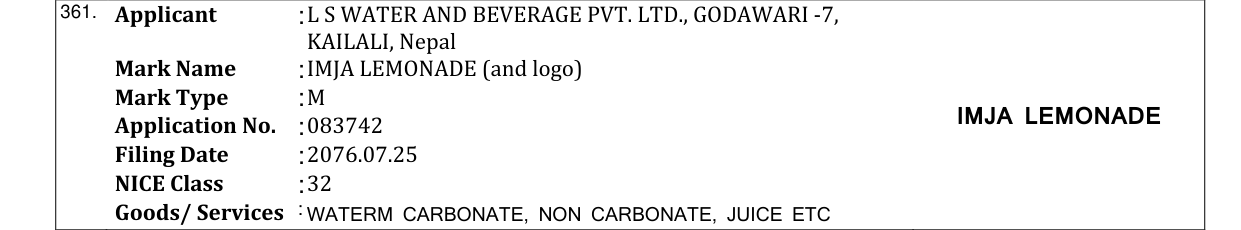 Original bulletin entry for IMJA LEMONADE (and logo)