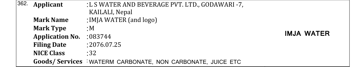 Original bulletin entry for IMJA WATER (and logo)