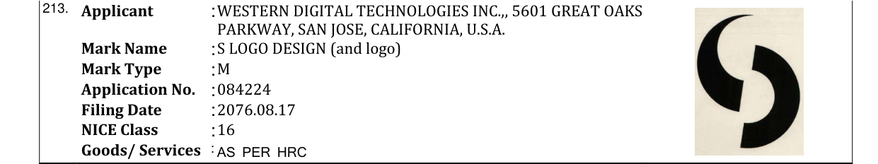 Original bulletin entry for S LOGO DESIGN (and logo)