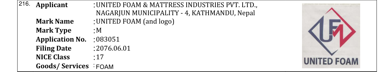 Original bulletin entry for UNITED FOAM (and logo)