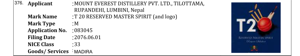 Original bulletin entry for T 20 RESERVED MASTER SPIRIT (and logo)