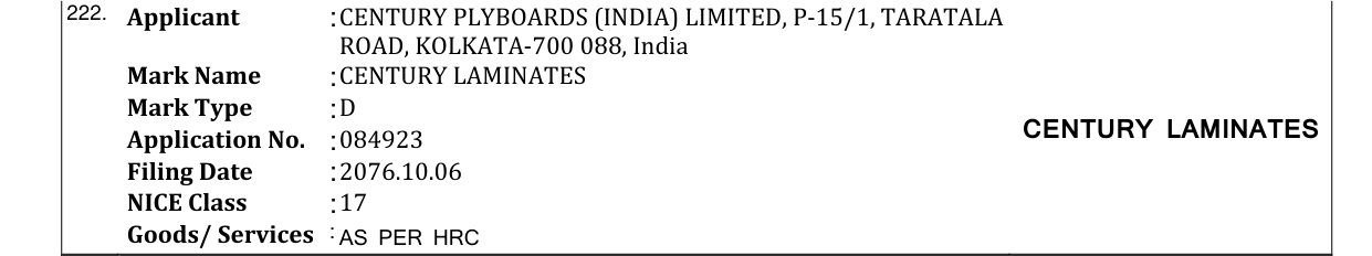 Original bulletin entry for CENTURY LAMINATES