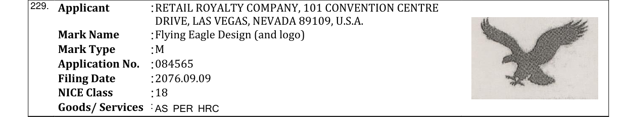 Original bulletin entry for Flying Eagle Design (and logo)