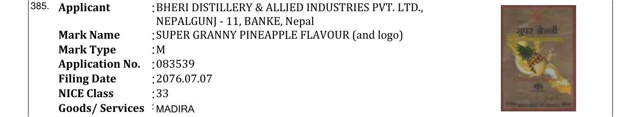 Original bulletin entry for SUPER GRANNY PINEAPPLE FLAVOUR (and logo)