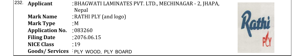 Original bulletin entry for RATHI PLY (and logo)