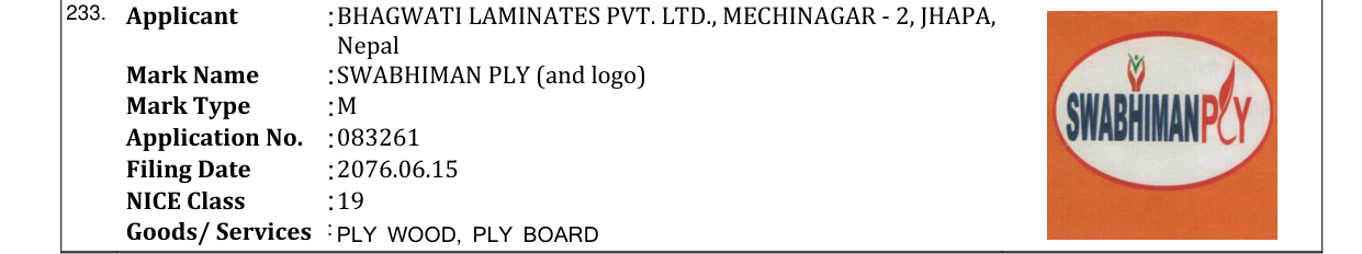 Original bulletin entry for SWABHIMAN PLY (and logo)