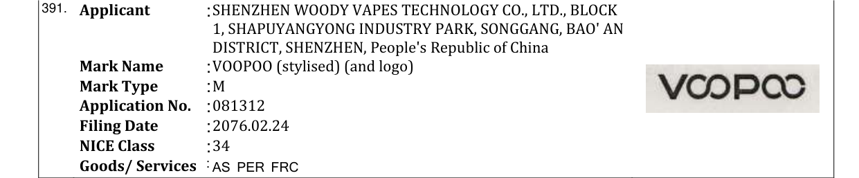 Original bulletin entry for VOOPOO (stylised) (and logo)