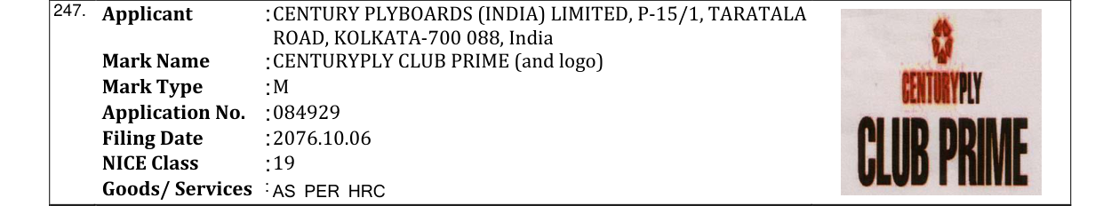 Original bulletin entry for CENTURYPLY CLUB PRIME (and logo)